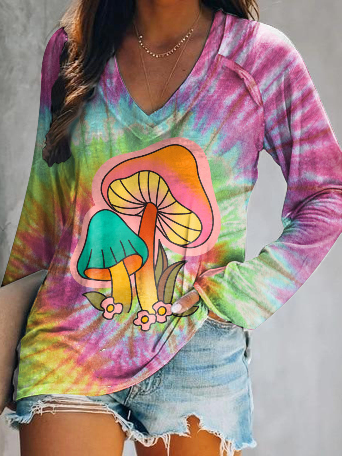 Women's Hippie Art Painting Vintage Print V-Neck Long Sleeve