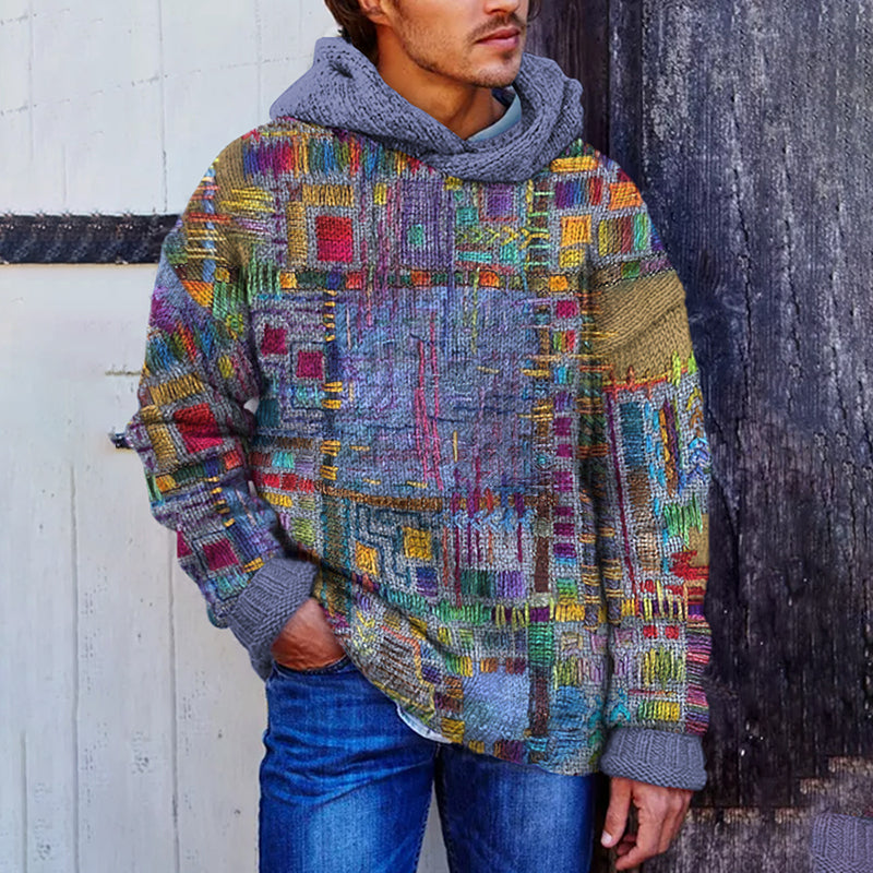 Men's Vintage Geometric Block Knit Knitted Warm Hooded Sweater artswardrobe