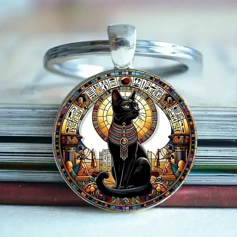 Ancient Egyptian Black Cat Time Gemstone Keychain