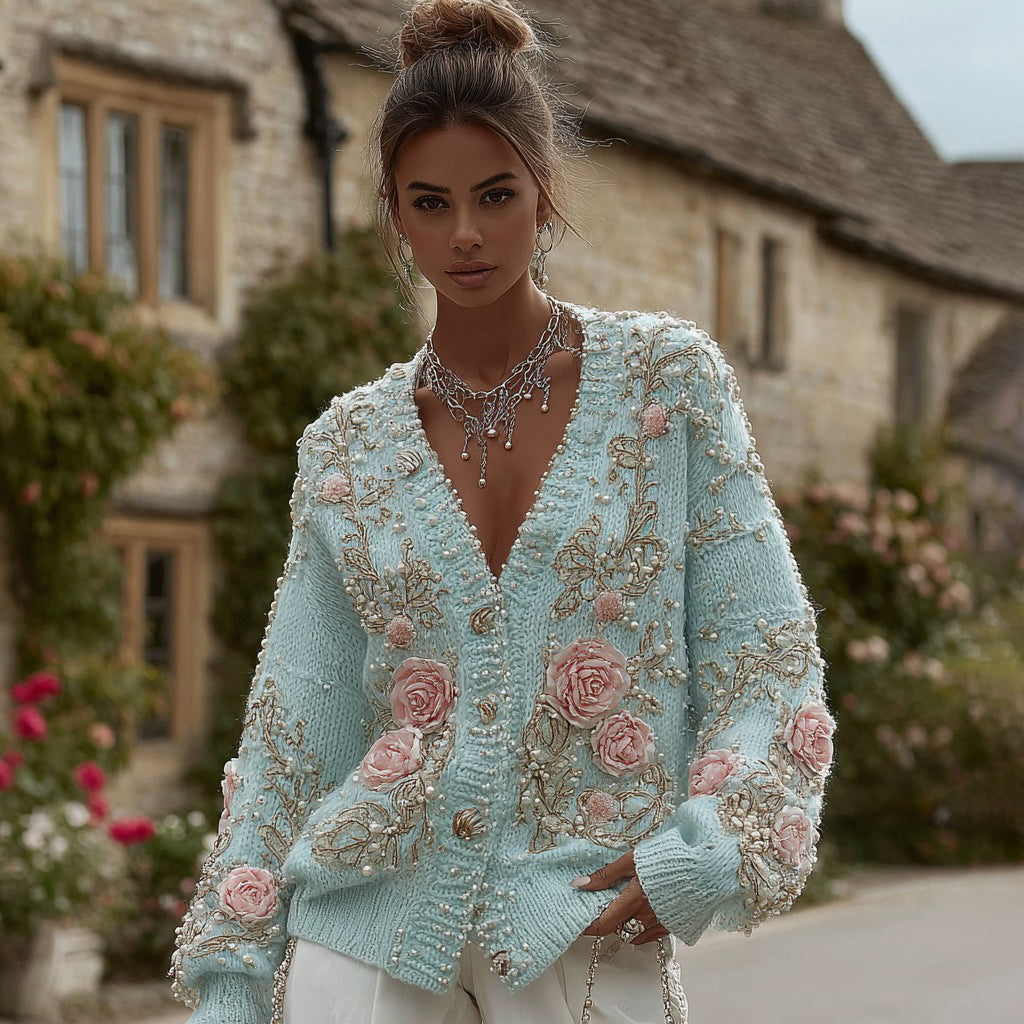 Women's Vintage Rose Pearl Embroidery Knitted Sweater Cardigan elevenforest