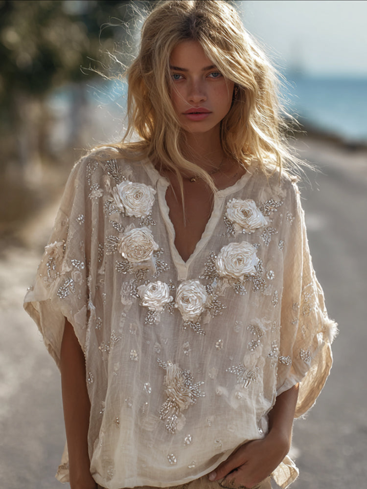 Bohemian Style White Rose V-neck Casual Short-sleeved Shirt artswardrobe