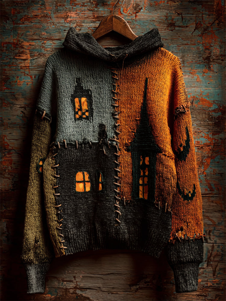 Halloween Spooky Castle Colorblock Stitched Cozy Knit Hooded Sweater artswardrobe