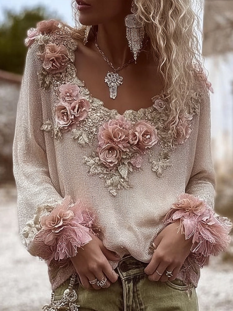 Women's Vintage Romantic Floral Patchwork Long-sleeved Sweater artswardrobe
