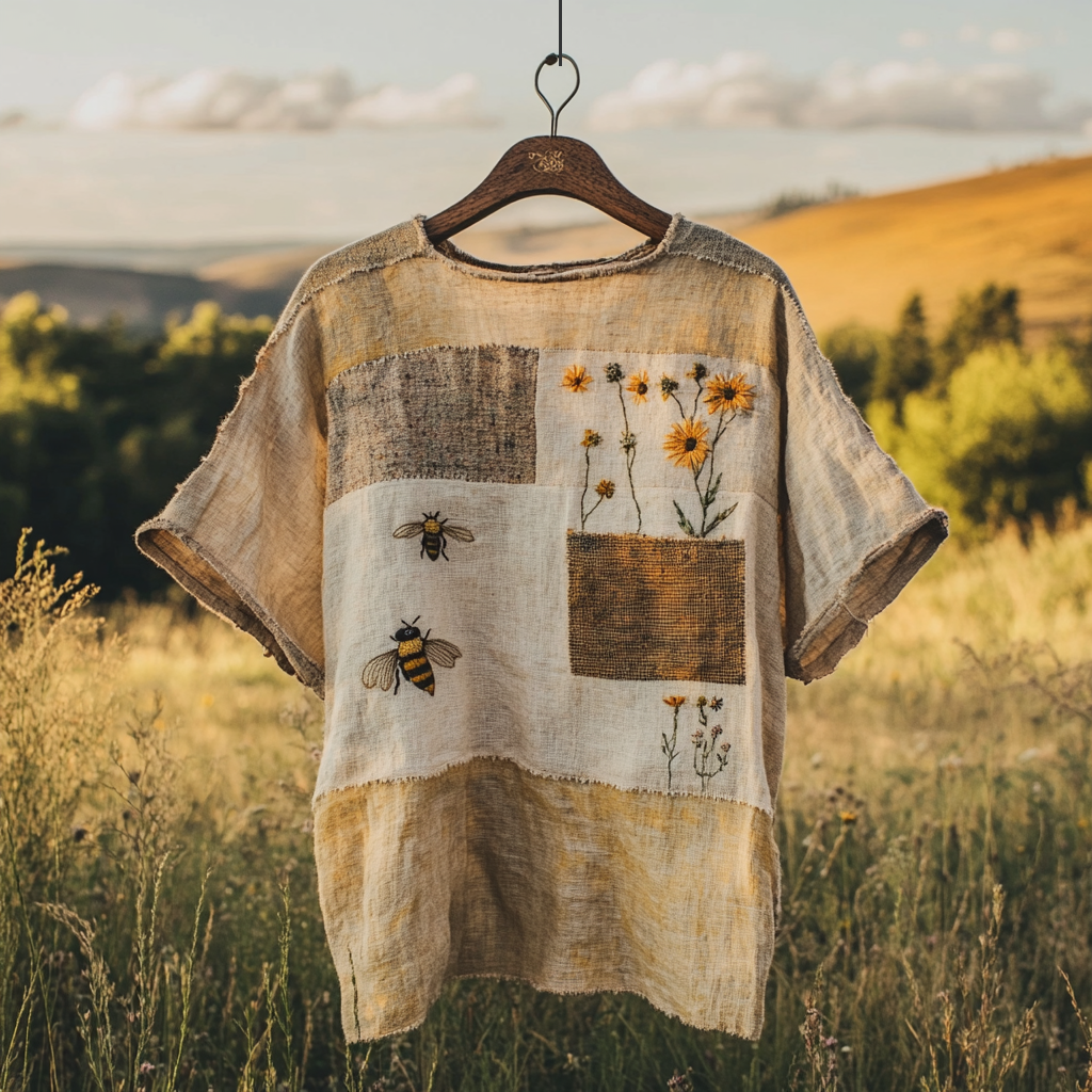 Vintage Bee Wildflowers Patchwork Print Linen T-shirt artswardrobe