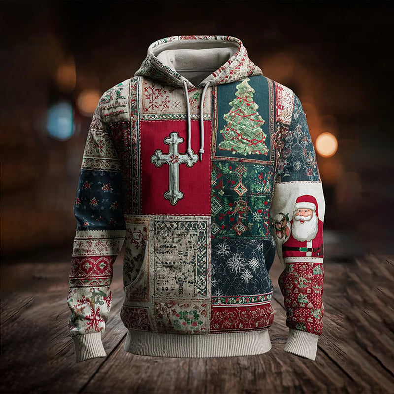Comstylish Men's Vintage Christmas Cross Patchwork Art Print Hoodie