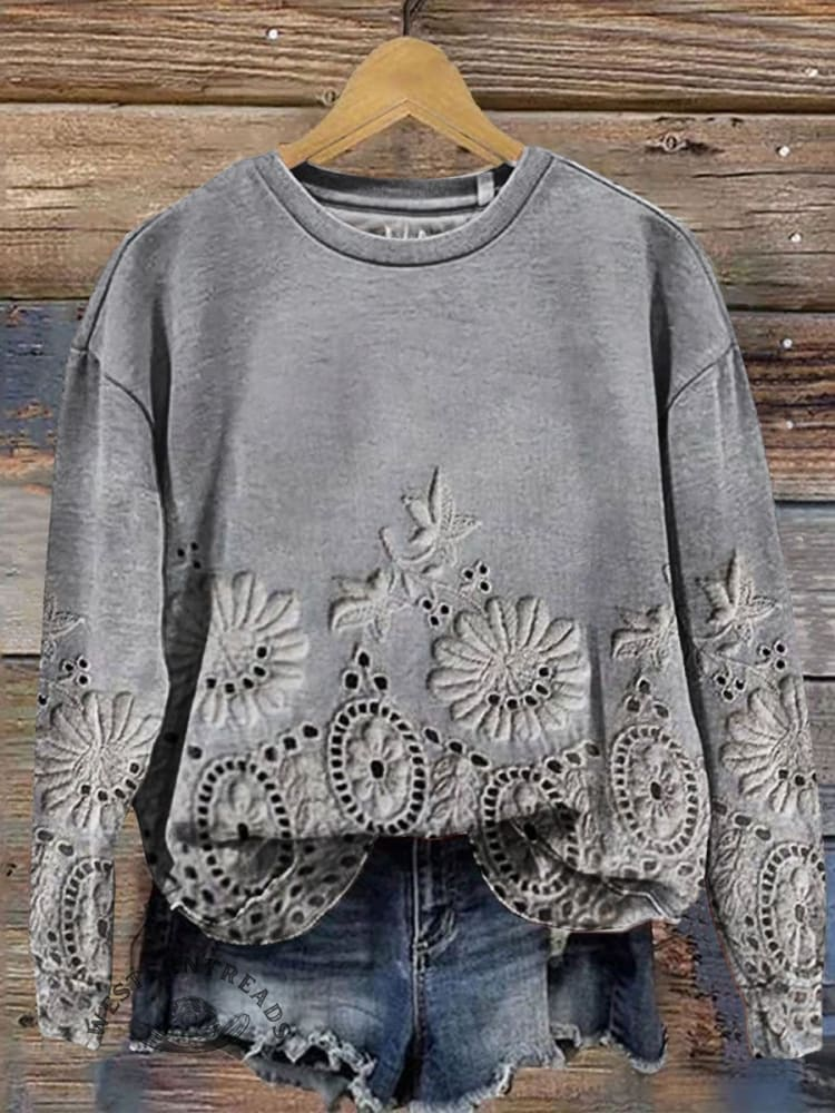 Comstylish Vintage Lace Floral Print Casual Sweatshirt