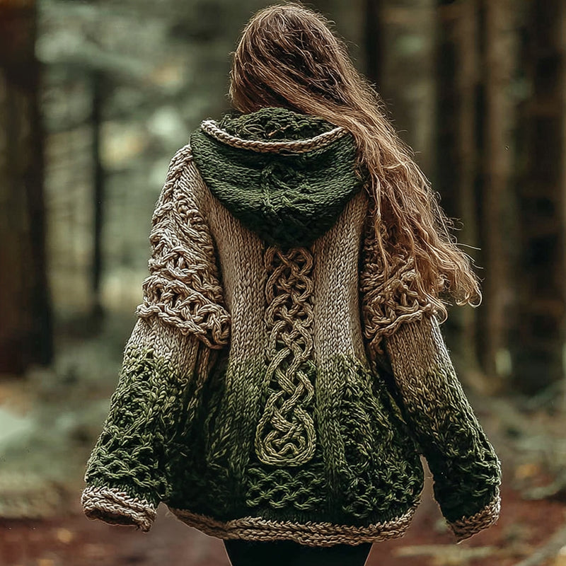 Women's Vintage Celtic Knot Gradient Pattern Knit Hooded Sweater artswardrobe