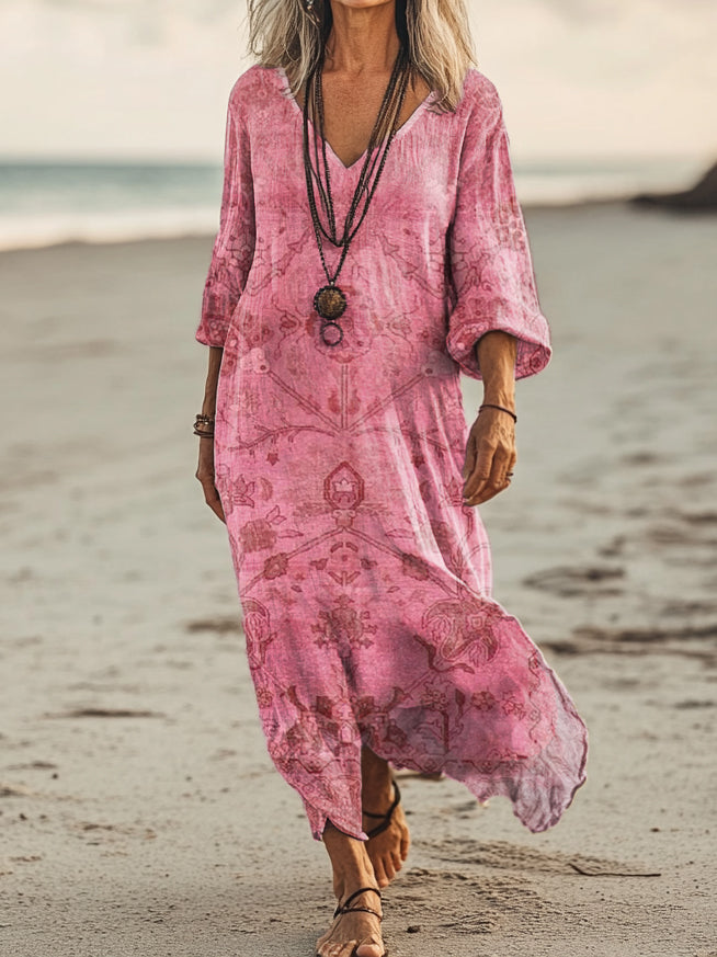 Women's Ethnic Floral Art Print Pocket Cotton Dresses