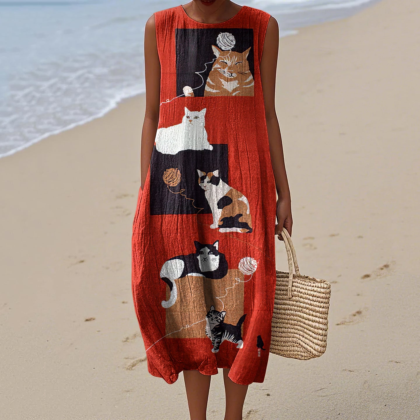 Women's Vintage Japanese Cat Art Pattern Cotton And Linen Dress elevenforest