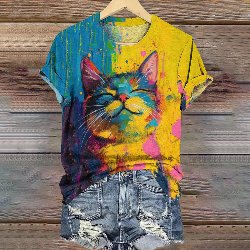 Pop Art Painting Contrast Color Cat Pattern T-shirt elevenforest