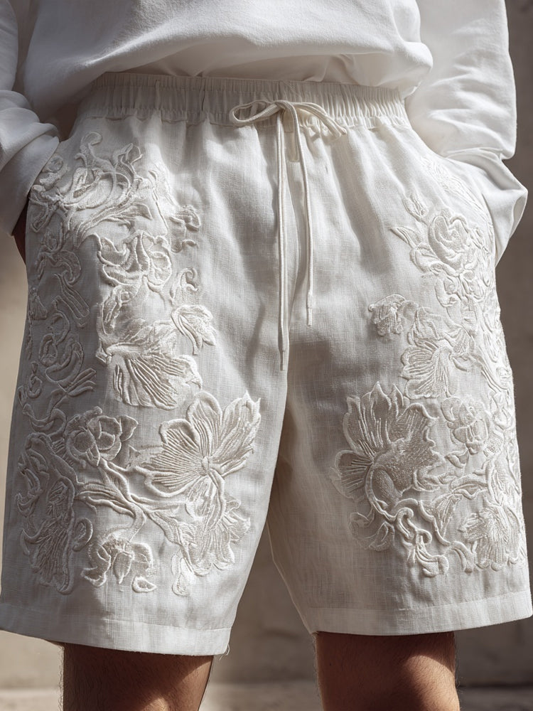 Men's Floral Lace Embroidered Comfy Linen Shorts artswardrobe