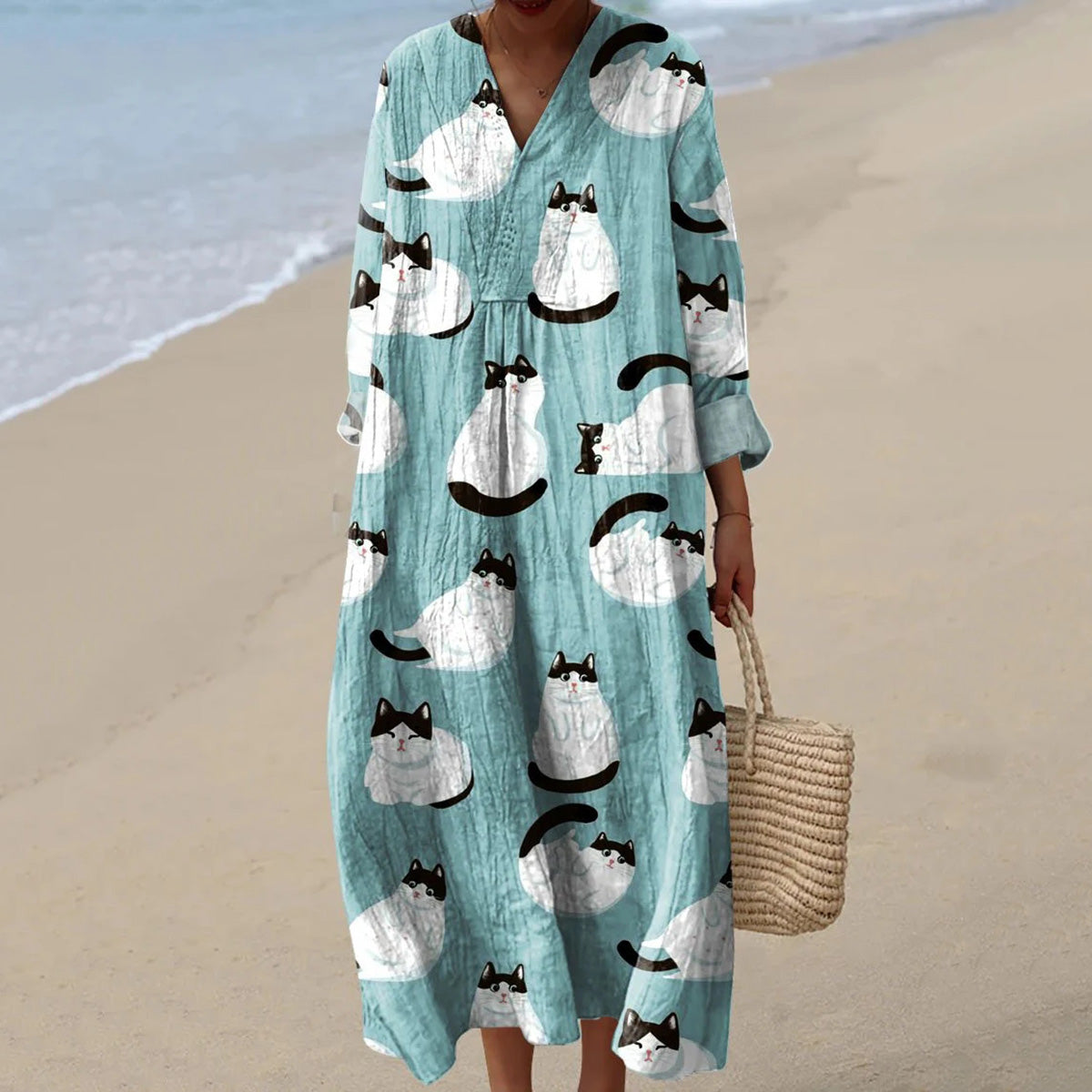 Vintage Cute Cats Art V Neck Midi Dress elevenforest