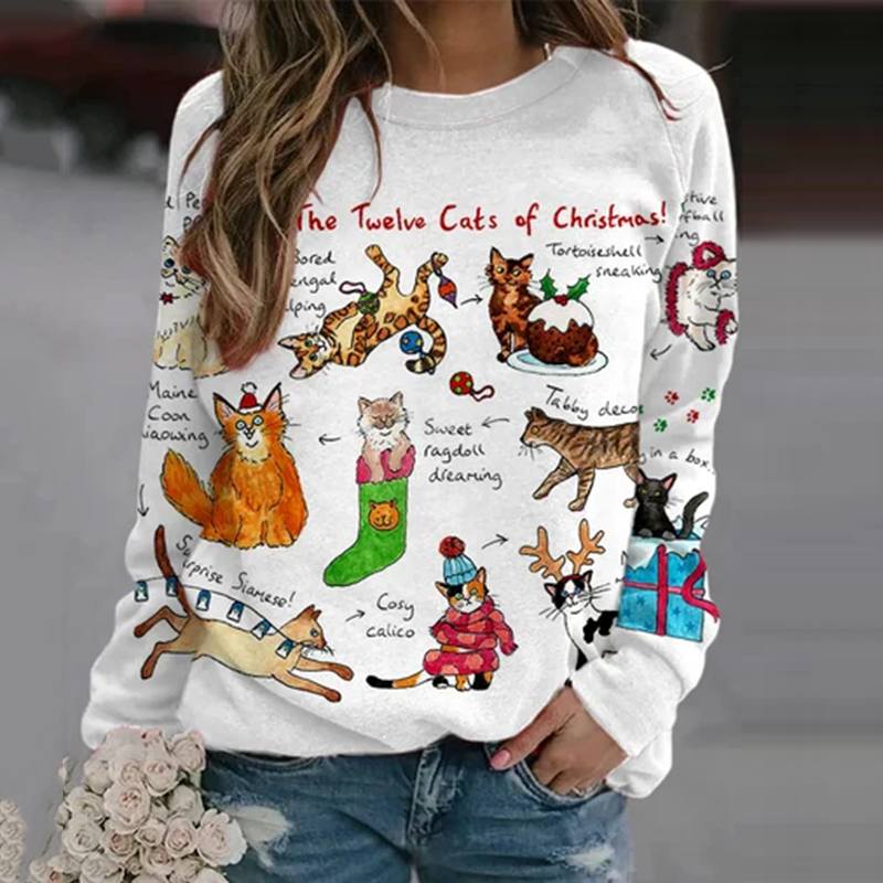 Retro The Twelve Cats Of Christmas Print Sweatshirt elevenforest