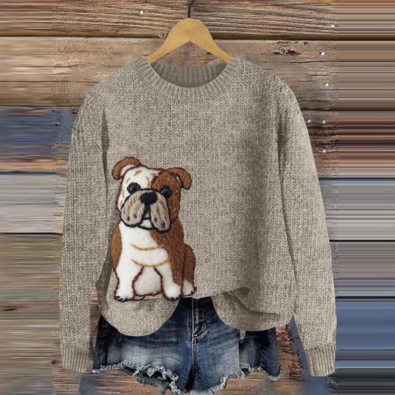 Comstylish Cute English Bulldog Applique Embroidery Cozy Sweater