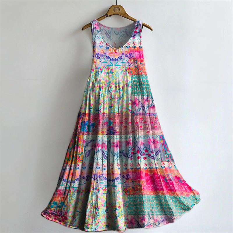 Women's Floral Art Print V-Neck Pocket Cotton Dress