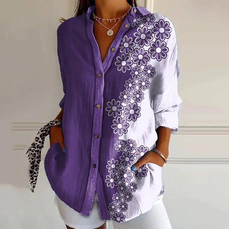 Women's Purple Floral Art Button Down Casual Shirt artswardrobe