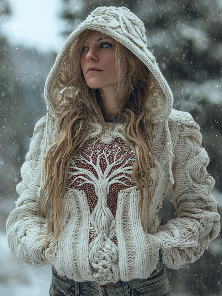 Women's Viking Style Hollow Knit Tree Of Life Hooded Sweater artswardrobe