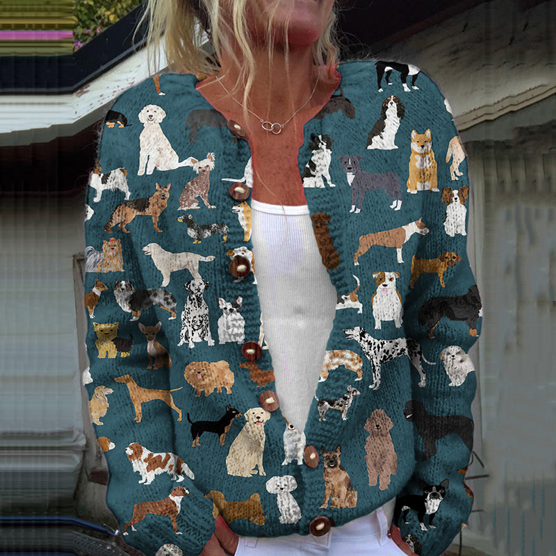 Comstylish Dog Art Print Casual Knitted Cardigan