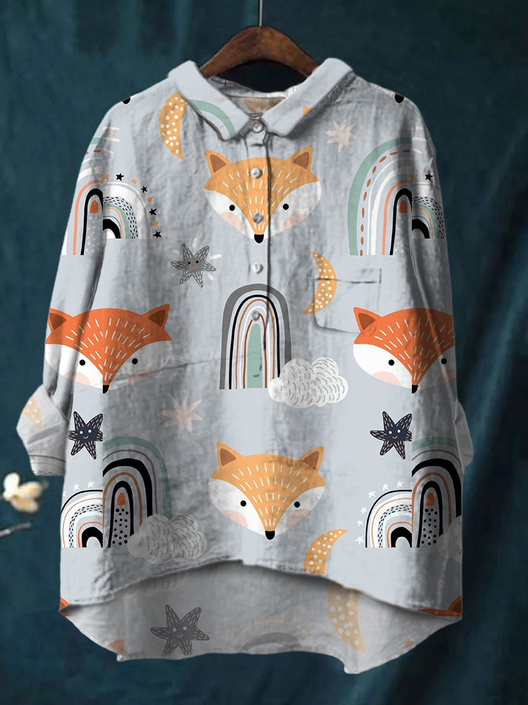 Cartoon Pattern Fox Moon Starfish Printed Cotton And Linen Shirt
