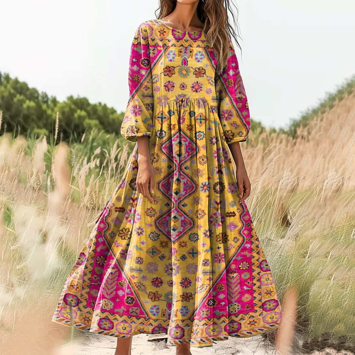 Women's Bohemian Tattoo Pattern Art Print Cotton Round Neck Dress