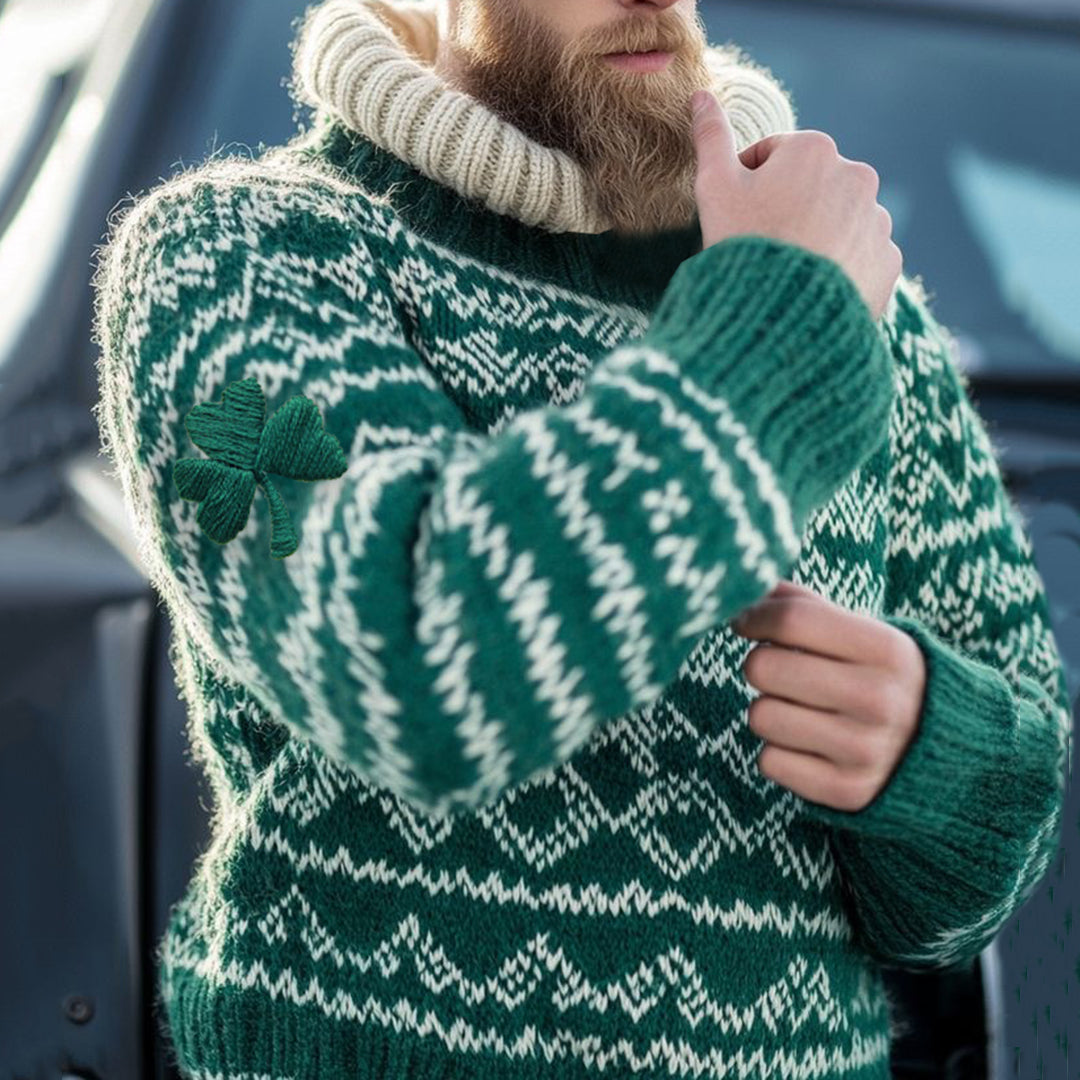 Irish Shamrock Knit Jacquard Knitting Art Vintage Men's Turtleneck Sweater elevenforest
