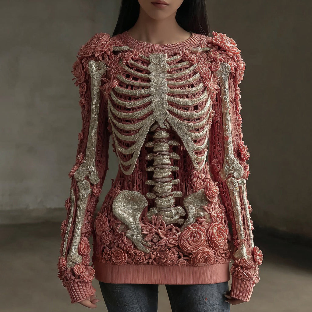 Halloween Skull Floral Knitted Warm Sweater artswardrobe