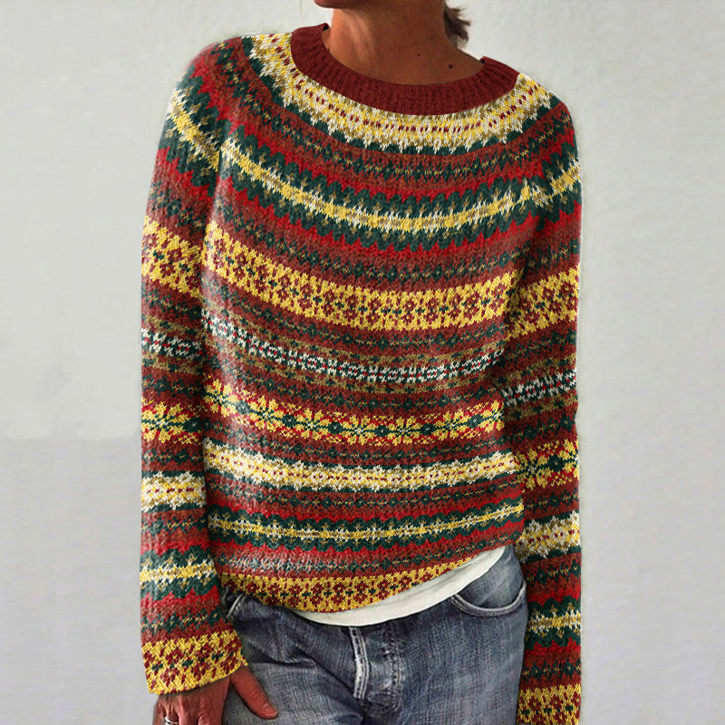 Vintage Geometric Contrast Crew Neck Sweater elevenforest