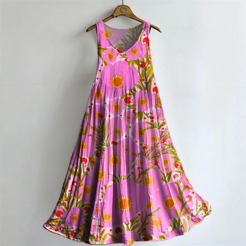 Women's Painting Floral Art Print Crew Neck Sleeveless Cotton Pocket D