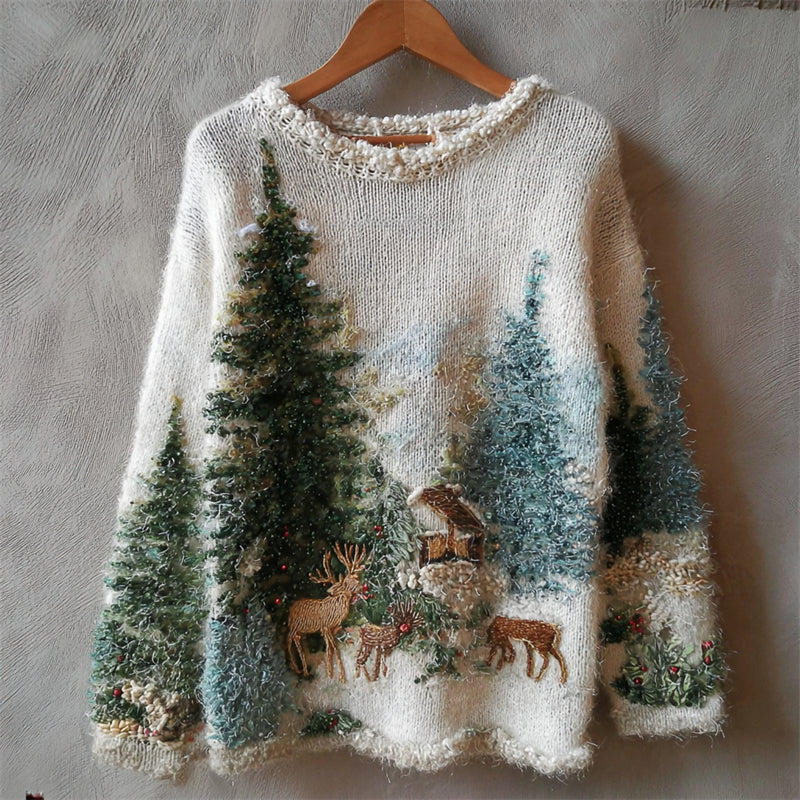 Reindeer Snowy Forest Cozy Fuzzy Knit Sweater artswardrobe