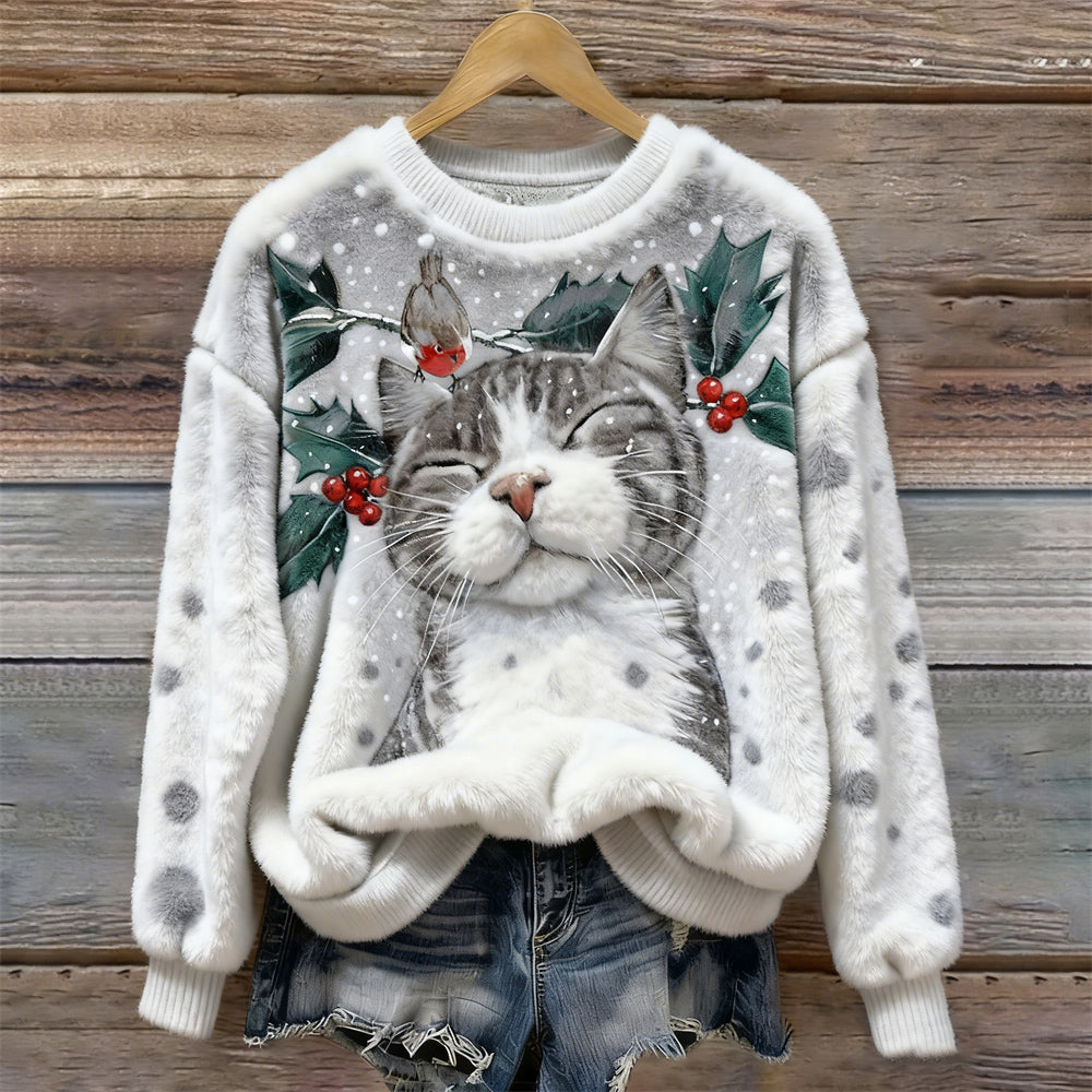 Comstylish Christmas Cat & Holly Lady Flannel Sweater