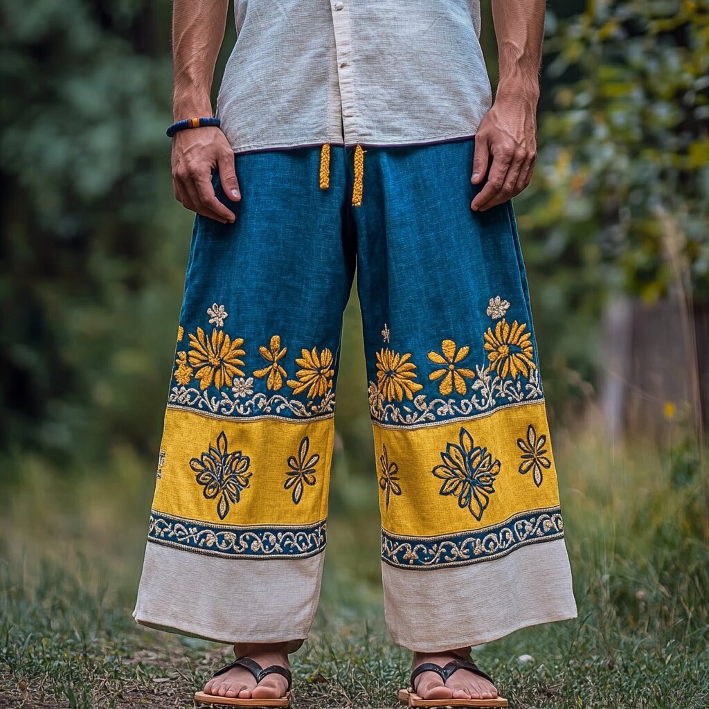 Men's Retro Sunflower Floral Colorblock Casual Pants artswardrobe