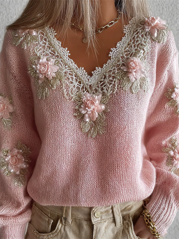 Vintage Pink Flowers Lace V Neck Cozy Knit Sweater artswardrobe