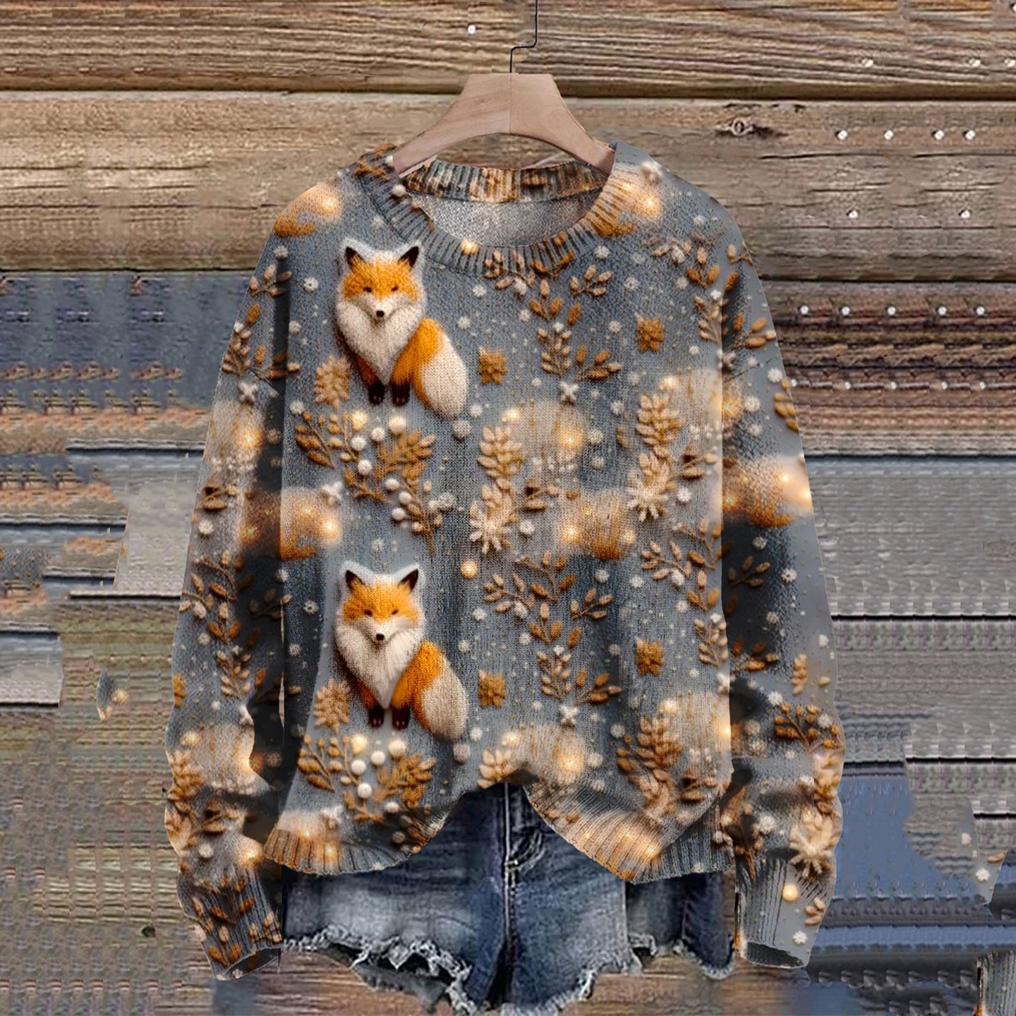 Christmas Gift Fox Art Print Knit Pullover Sweater artswardrobe