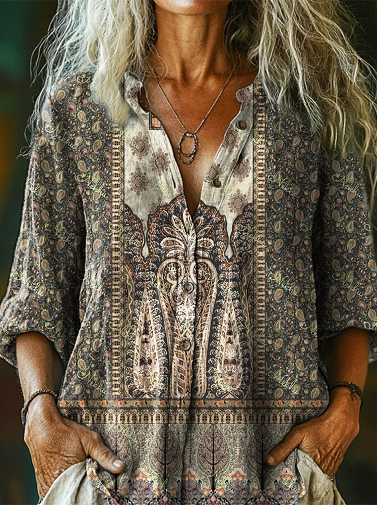 Women's Ethnic Totem Art Print Casual Cotton Linen Shirt