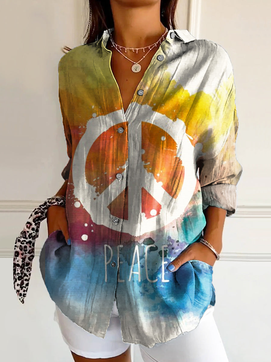 Women's Hippie Peace Art Print Casual Cotton Shirt