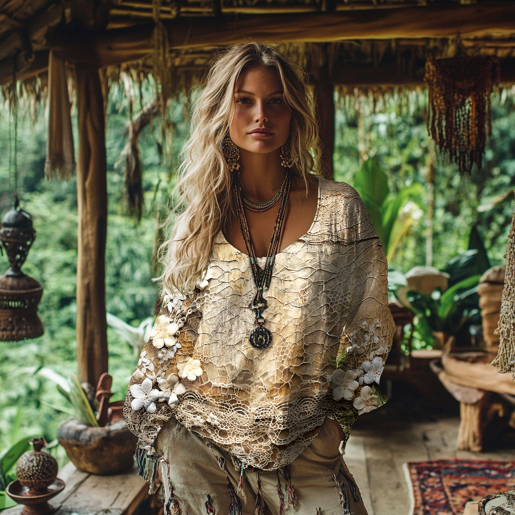 Vintage Lace Panel Floral Linen Blend Shirt artswardrobe