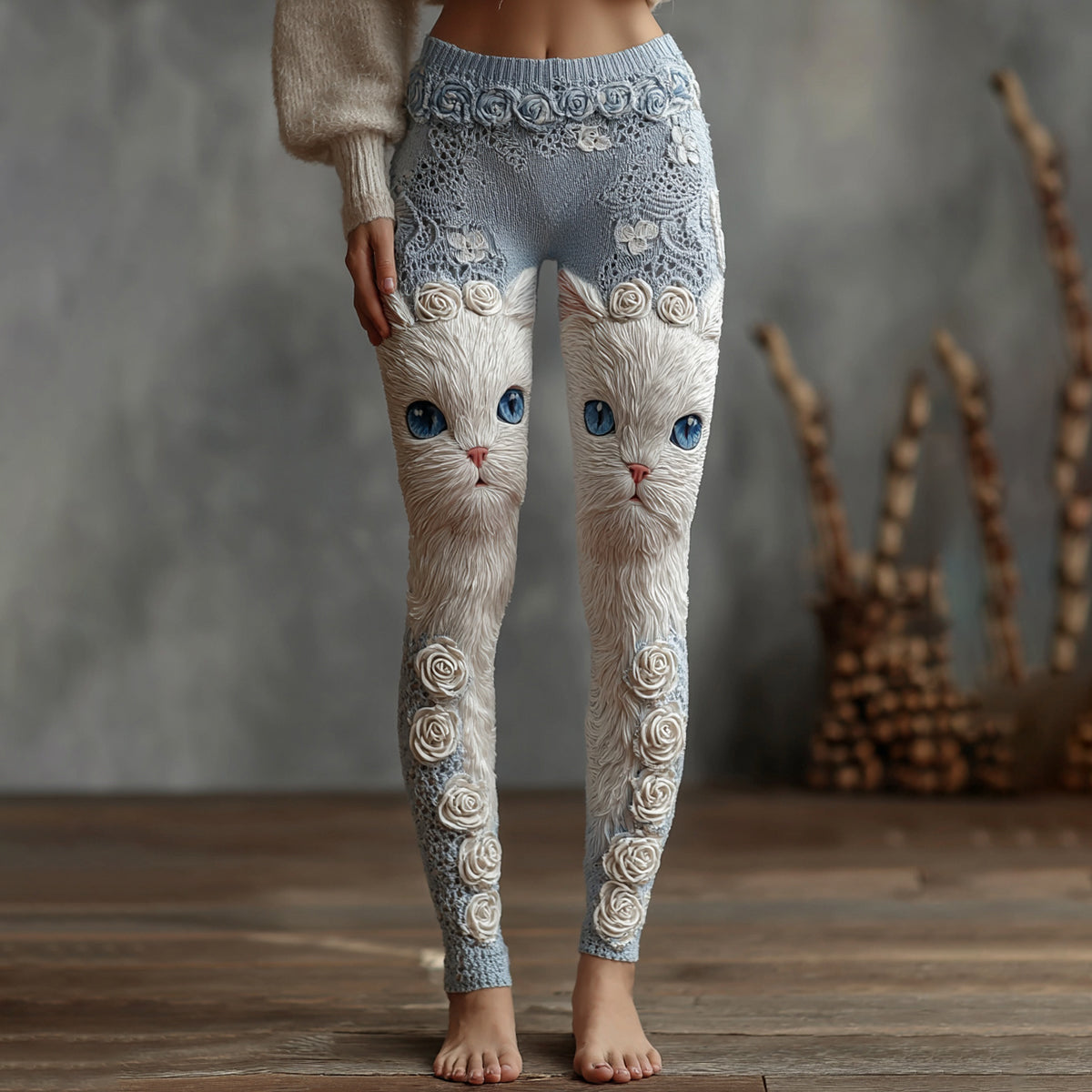 Vintage Cute Cat Face With Roses Art Embroidered Cozy Knit Leggings elevenforest