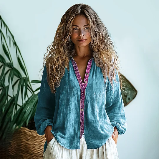 Bohemian Style Linen Print Long Sleeve Shirt artswardrobe