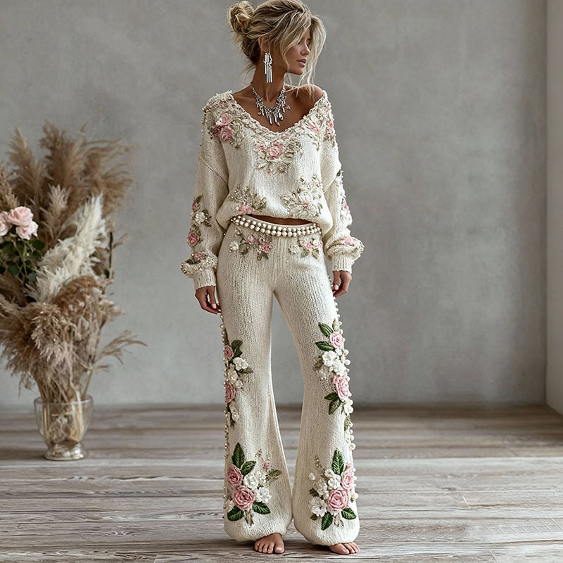 Women's Pink Floral Embroidered Art Knit Pants artswardrobe