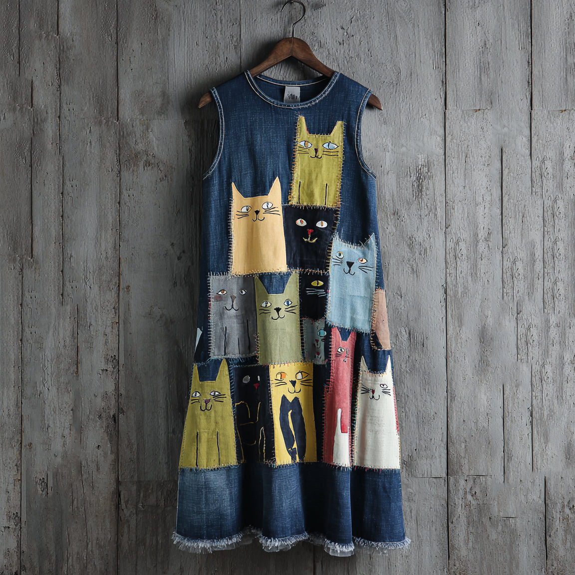 Women's Vintage Colorful Cat Denim Print Vest Midi Dress elevenforest