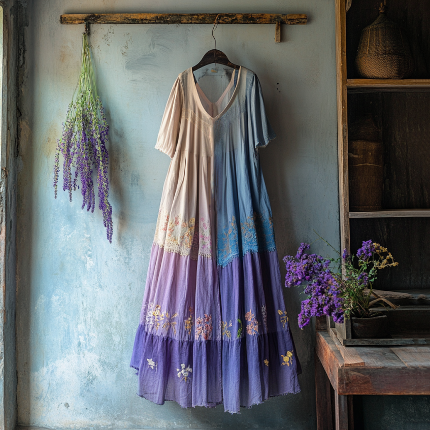 Vintage Lavender Patchwork Art Linen V Neck Midi Dress artswardrobe