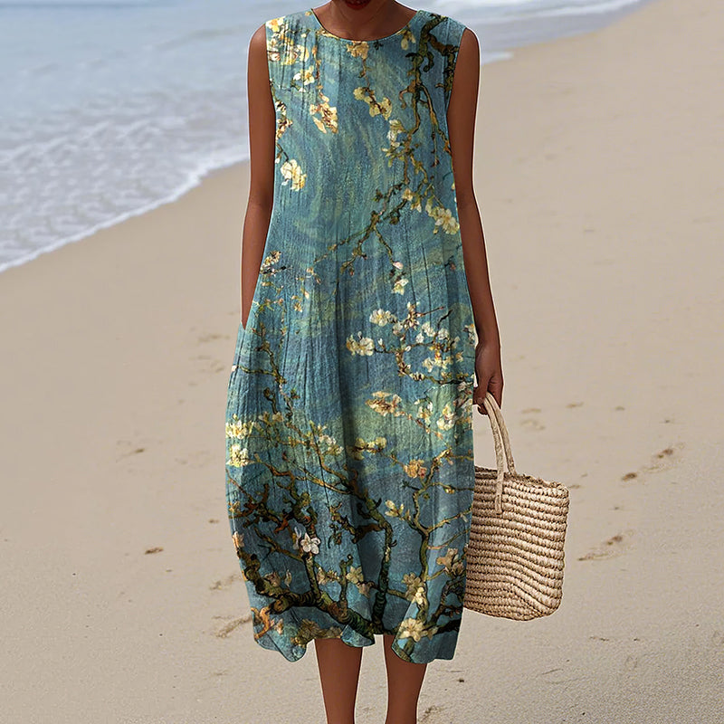 Vintage Loose Vintage Elegant Floral Art Linen Tank Dress artswardrobe