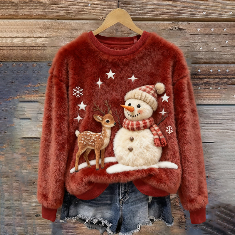 Comstylish Christmas Reindeer And Snowman Art Plush Pattern Sweater
