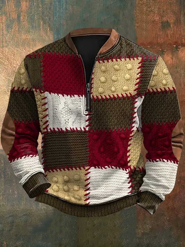 Men's Vintage Textured Zipper Neck Knit Sweatshirt artswardrobe
