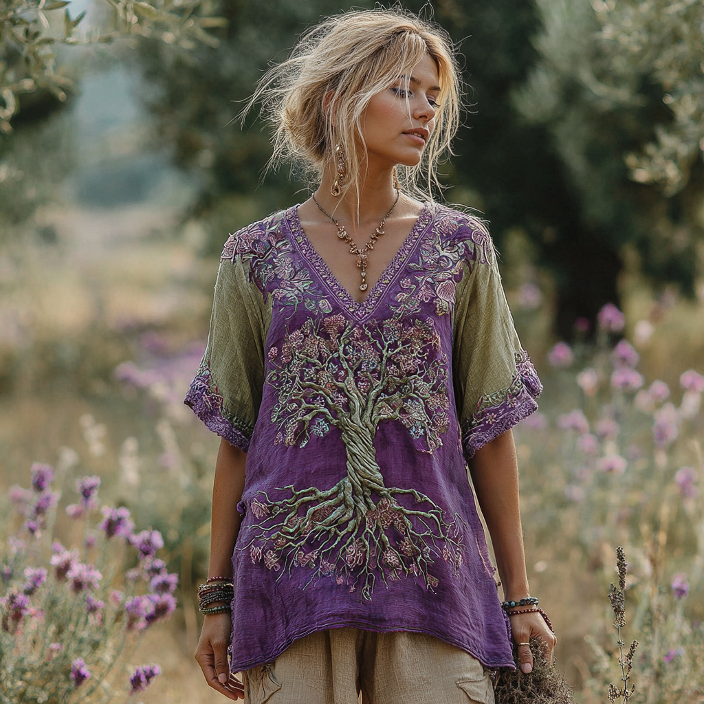 Vintage Tree Of Life Purple Floral Colorblock T-shirt artswardrobe