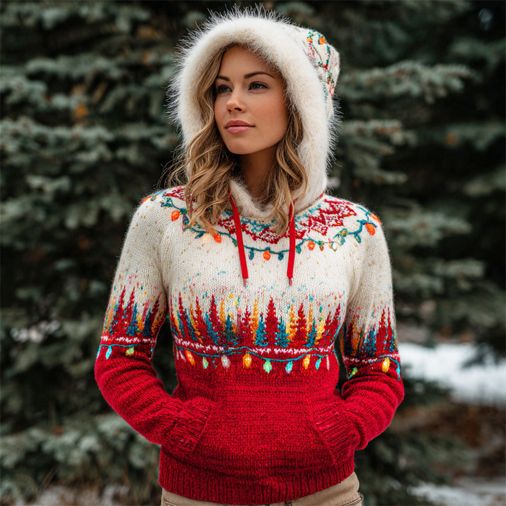 Comstylish Christmas Lights & Christmas Tree Design Women's Hooded Icelandic Sweater