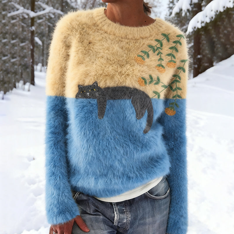 Comstylish Abstract Creative Lazy Black Cat Artistic Warm Wool Pullover