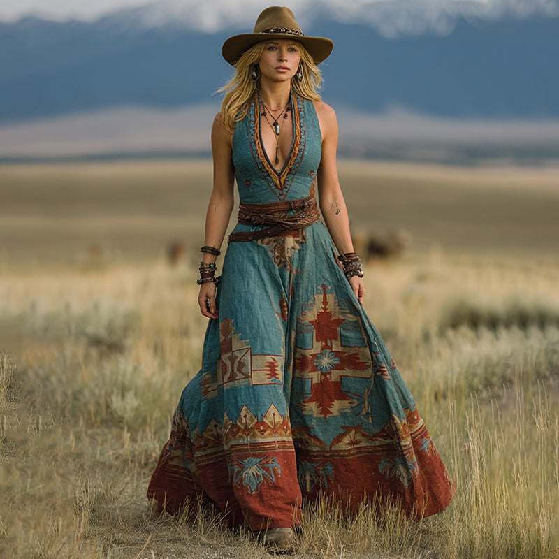 Women's Vintage Western Geometric Print V-neck Sleeveless Maxi Dress artswardrobe