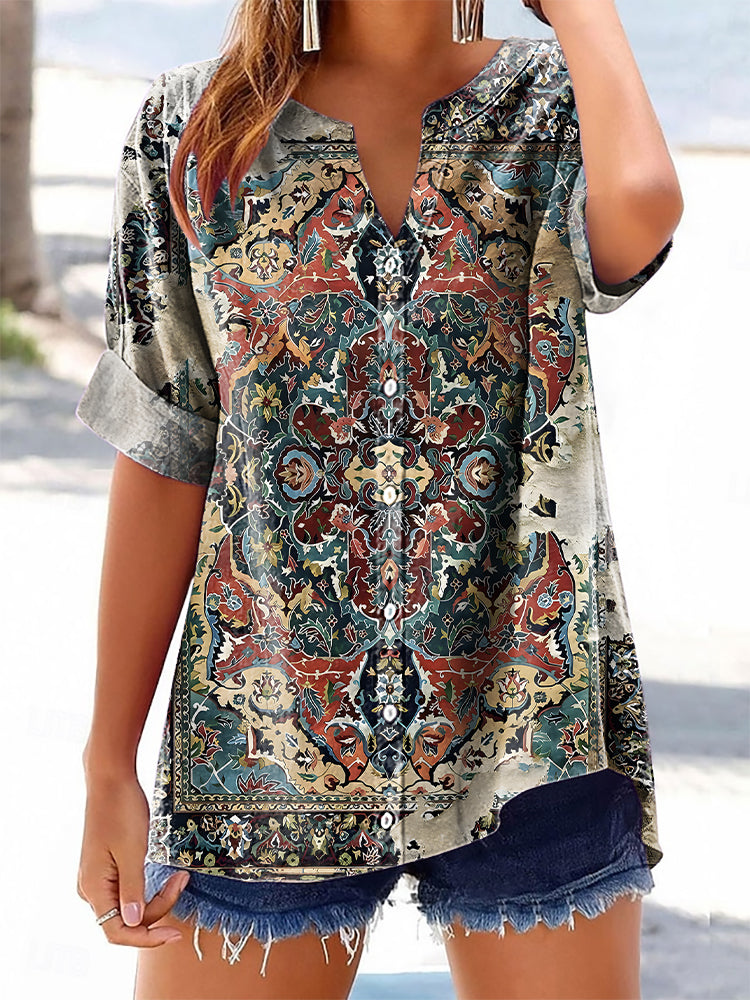 Women's Vintage Ethnic Floral Art Printed Casual Short Sleeve Cotton a