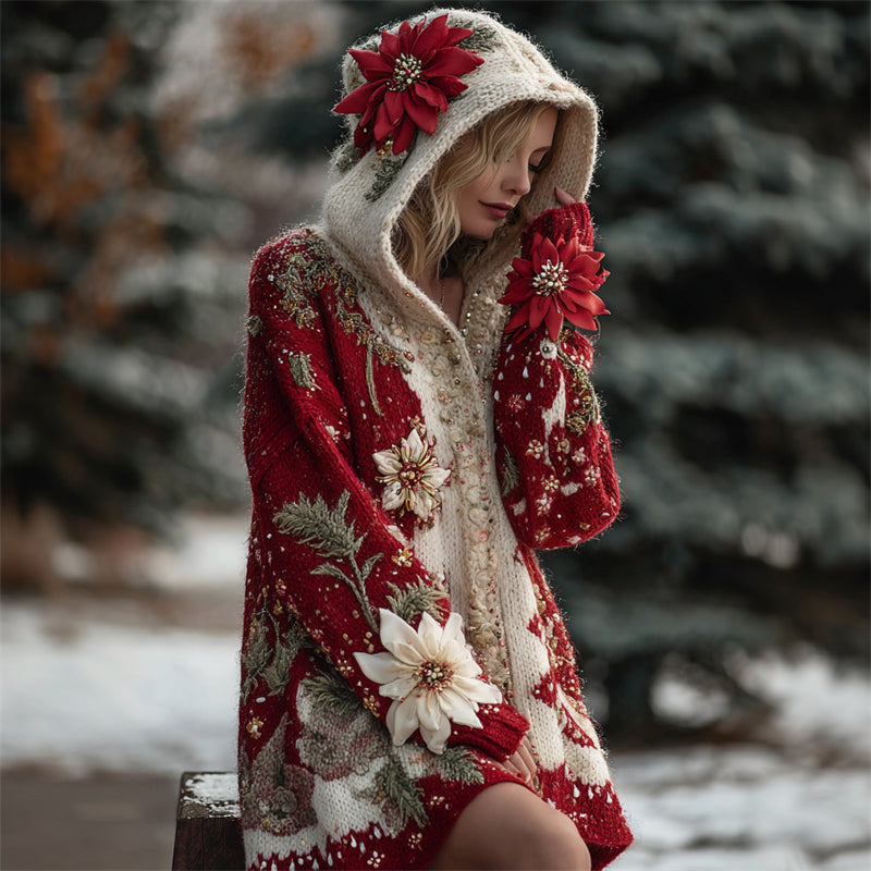 Elegant Christmas Poinsettia Glitter Beaded Contrast Cozy Hooded Cardigan artswardrobe